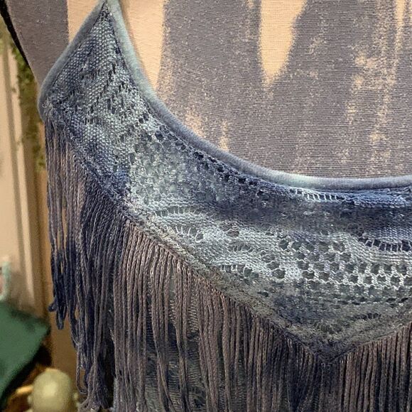 Free People light blue tie dye to ombre black lace cami with fringe accents 2 - Picture 9 of 16